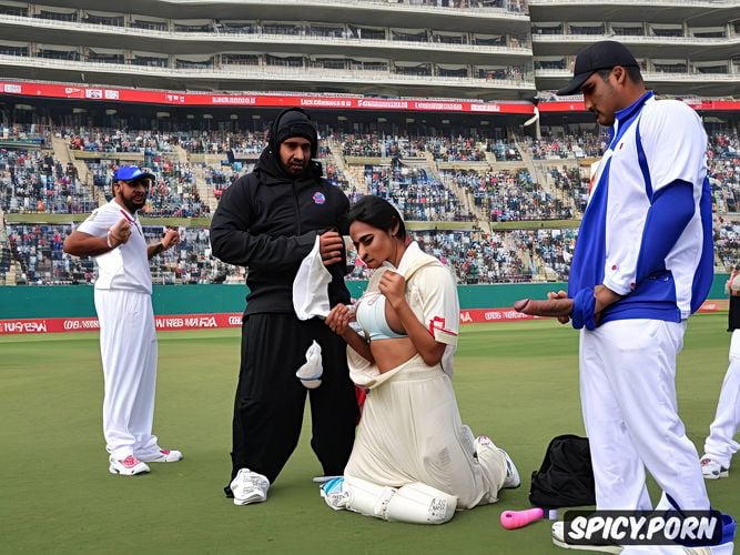 on her knees infront of indian cricketes, fit indian male cricketers