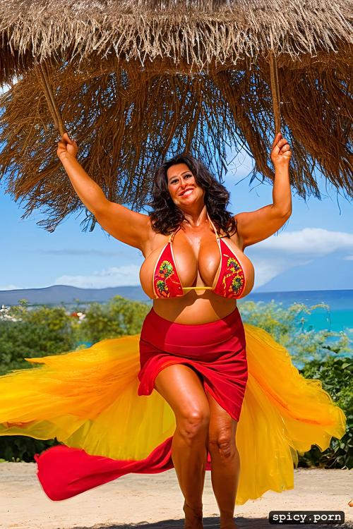 full body view, performing on stage, extremely busty, intricate beautiful hula dancing costume