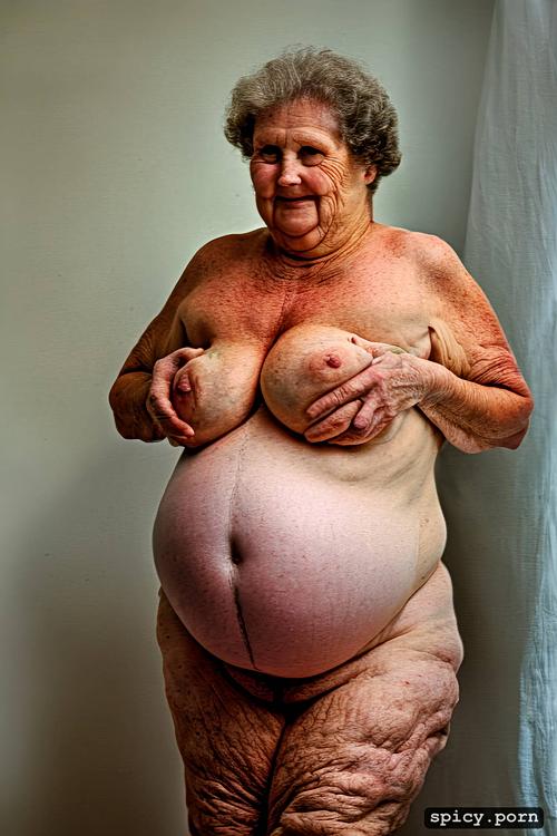 naked, comprehensive cinematic, fat thighs, wrinkly body, 87yo