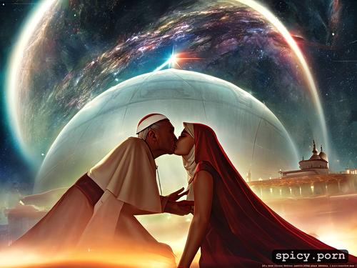 floating in space, female priest kissing pope, mosque in background