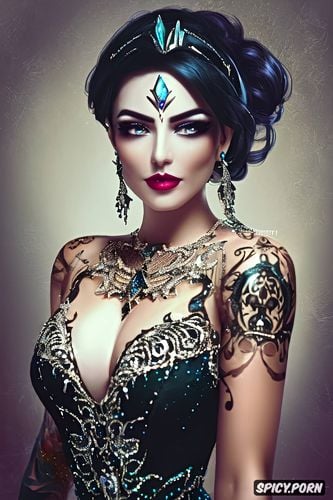 k shot on canon dslr, ultra detailed portrait, masterpiece, ashe overwatch classy low cut black evening gown tiara beautiful face tattoos milf