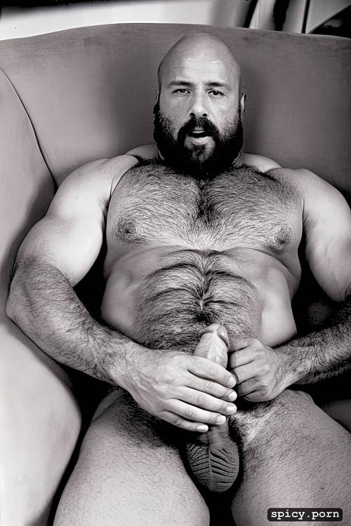 getting up his hairy arms, beard face, showing lay down in a sofa his gigantic hard uncut erect dick