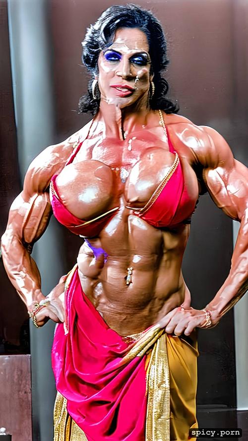 muscle woman, flexing, cum covered face, big tits, huge biceps