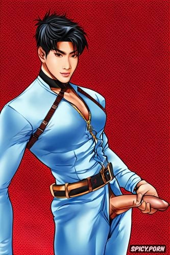 young asian handsome male k pop idol, with harness, with muscles and big penis