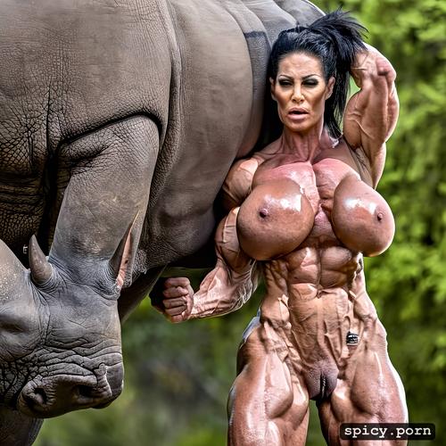 8k, strength effort, nude muscle woman vs rhino, frekles, agony