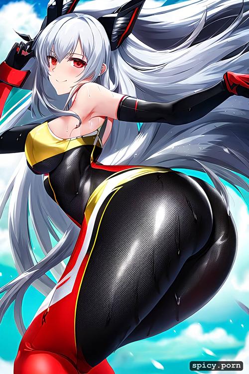 red eyes, athletic, white hair colour, long hair, ass held into the camera