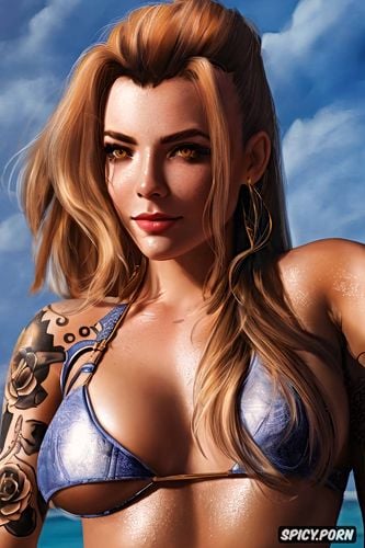 topless, tattoos, high resolution, ultra realistic, brigitte overwatch beautiful face full body shot