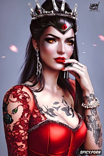 tattoos masterpiece, k shot on canon dslr, ultra detailed, widowmaker overwatch beautiful face full lips milf tight low cut red lace wedding gown tiara