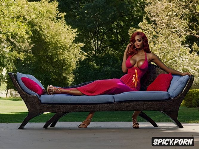 profile shot, red hair, laying on chaise, exotic waitress, intricate hair
