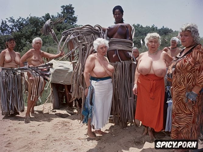 each with a riding whip in his hand, slave market, four naked caucasian grannies