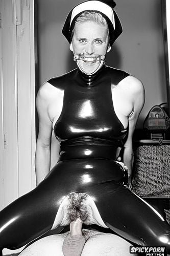 year old, catholic nun in latex habit, spreading shave pussy