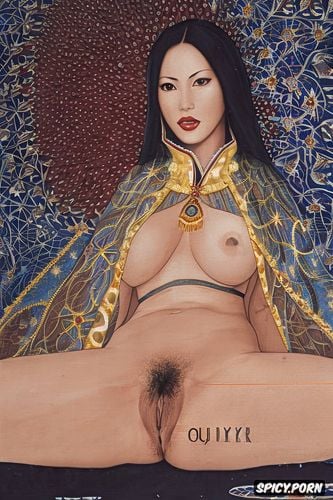 thick thai woman, portrait olivia munn, blue coat, brown hair