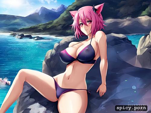 small boobs, pink hair, cat ears, swimsuit, short hair, japanese female