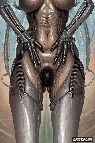 hr giger aliens, wet body, crawling, female cyborg, oil painting