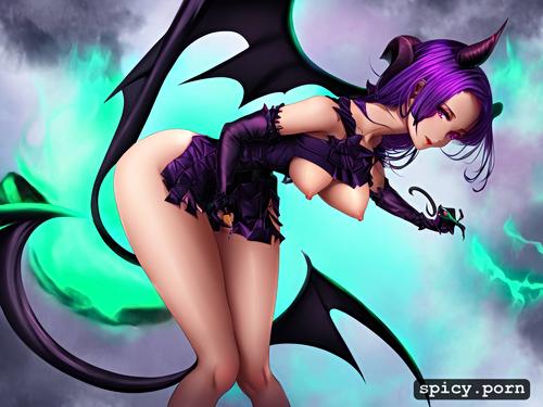 slim body, 18 yo, black draconic wings, mini skirt, black demonic tail