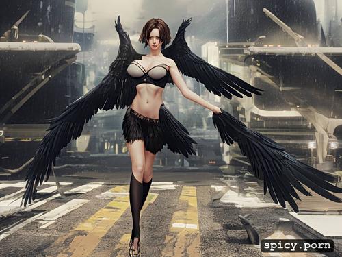 20 yo, black feathered wings, perfect athletic female fallen angel