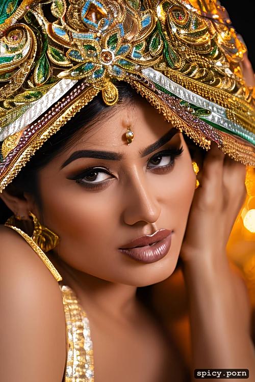 realistic beautiful hindu nude, traditional, crown on head, midjourney diffusion
