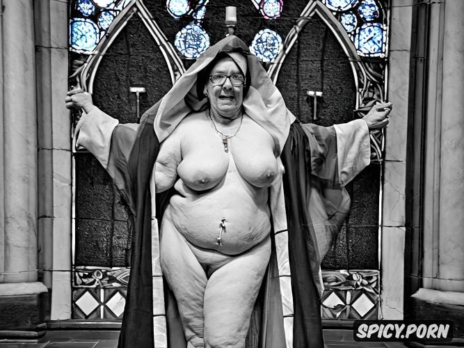 cathedral, fat, very old granny nun, fat hanging belly, gray pussy