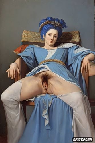 wet pussy, she has blue eyes, her blue hair is short, a blue haired woman is tied to a gyno examination chair with her legs spread