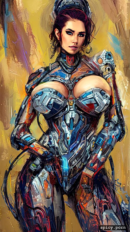 busty, key visual, precise lineart, carne griffiths, strong warrior robot