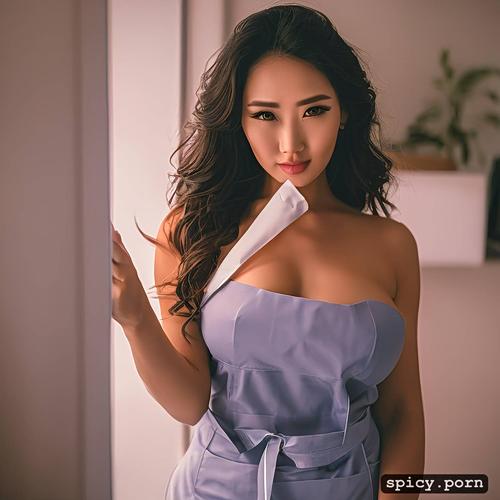 thai woman, selfie, pixie hair, nurse, 30 yo, large breasts