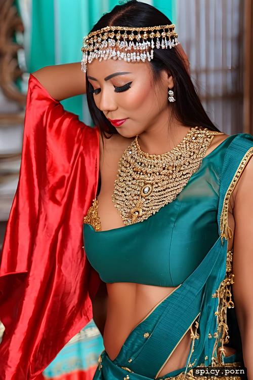 perfect curve, huge boobs, hip chain, deep neck blouse, asian woman
