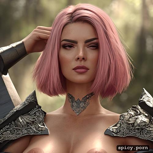 cute face, pink hair, ultra detailed, 30 yo, sharp details, forest