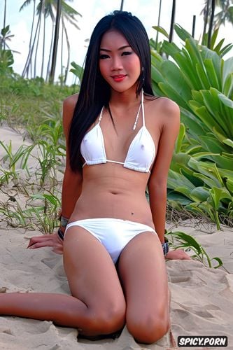 intricate long hair, nice legs, white bikini, sitting on a thailand beach