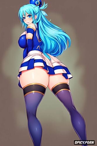 blue hair, bent over, spreading pussy, visible pussy lips, legs open