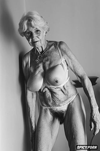 photorealistic, naked, pale wrinkled skin, wearing ugly white bra and panties