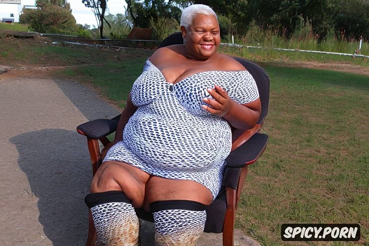 ssbbw granny, wide hips, afro hair smiling, white hair, massive boobs