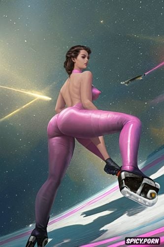 pink nipples, large feet, female officer, long legs, space age