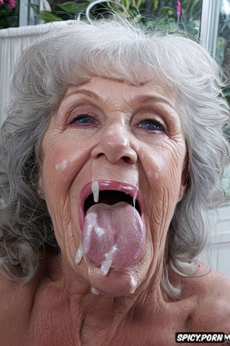 sperm on the face, horny, big hairy labia, very old woman, sperm running out of the mouth and over the tits