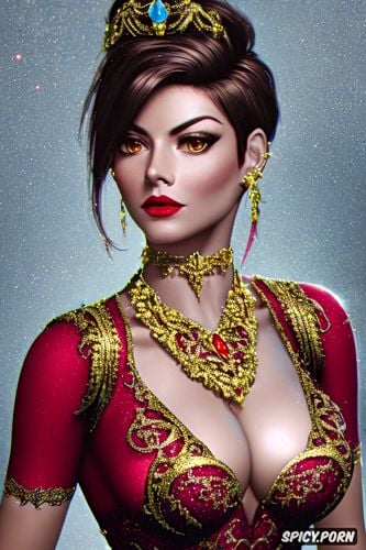 tracer overwatch beautiful face tight low cut red lace corset tight low cut crimson lace gown gold and ruby tiara gold and ruby earrings and necklace throne tattoos milf