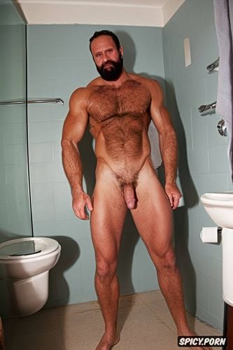 beard face, strong hard leg showing his big hard uncut dick in the bathroom