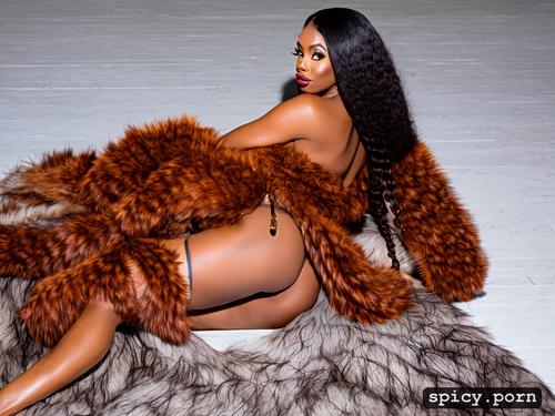 long, curly, red hair ebony woman wearing a large, soft, long hair silver fox fur coat on a large sheepskin rug