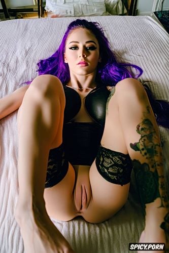 long purple hair, legs spread, sci fi replika, cunnilingus pov