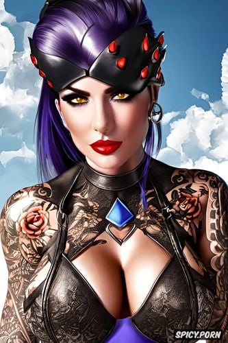 tattoos masterpiece, k shot on canon dslr, ultra detailed, widowmaker overwatch beautiful face milf sexy low cut leather mistress outfit