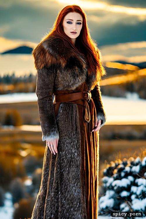 sansa stark, wearing pelt, sun set, masterpiece, snowy landscape
