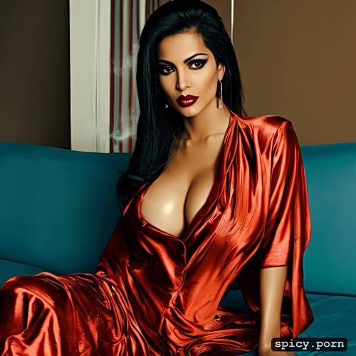 oiled skin, sitting on a couch, full length photo, sexy persian woman wearing red satin robe
