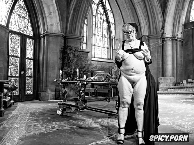 nun, glasses, full body, stained glass windows, pissing, standing with legs apart