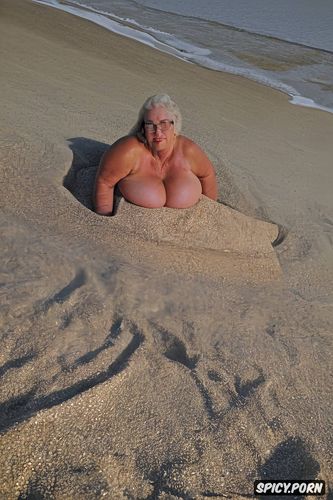 super realistic k quality cinematic, fat obese old woman lying on the beach sand sunbathing face up