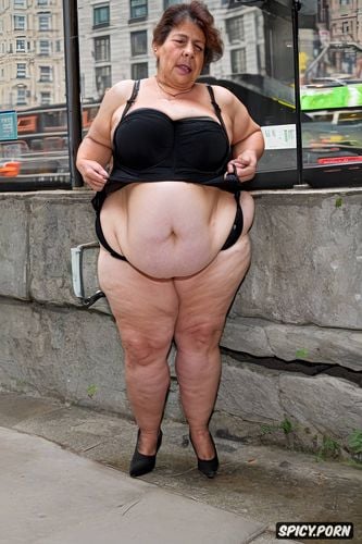 naked fat short woman standing at new york square, dangling belly s skin