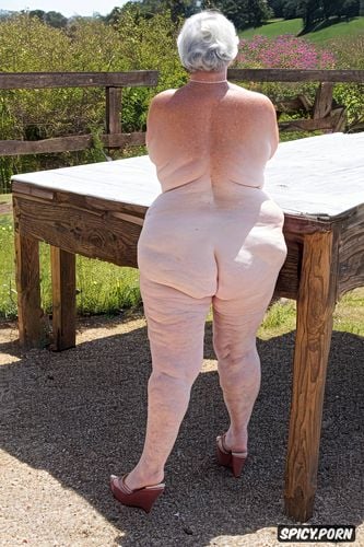 standing, rear view, gorgeous face, white granny, leaning on table