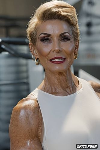 very muscular, pretty face, in her seventies, bodybuilder old lady