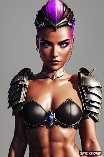 abs, ultra realistic, sombra overwatch female gladiator fatasy arena crown tight leather armor beautiful face portrait muscles