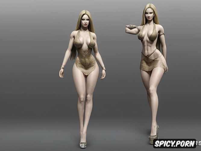 bronze skin, hands on hips, large breasts, beautiful face, long dirty blonde hair