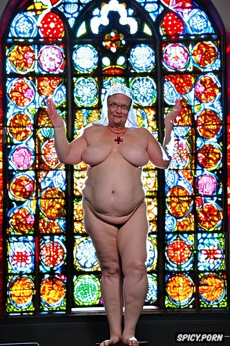 very old granny nun, extreme fat, stained glass windows, glasses
