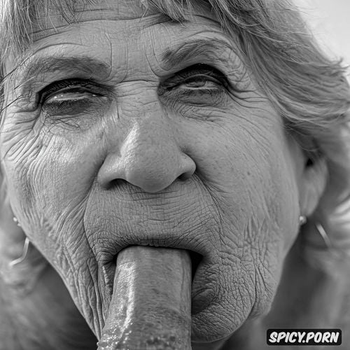 old woman, color photo, portrait, front view, blowjob, 70 years old