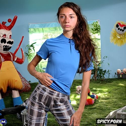 barrettes, freckled pretty blue eyed brunette skinny teen groped by scary clown in haunted house